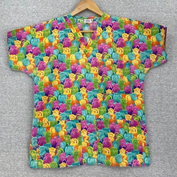 Smartscrubs Scrub Top Womens Small Bright Bears Short Sleeve Healthcare Nursing - Picture 1 of 13